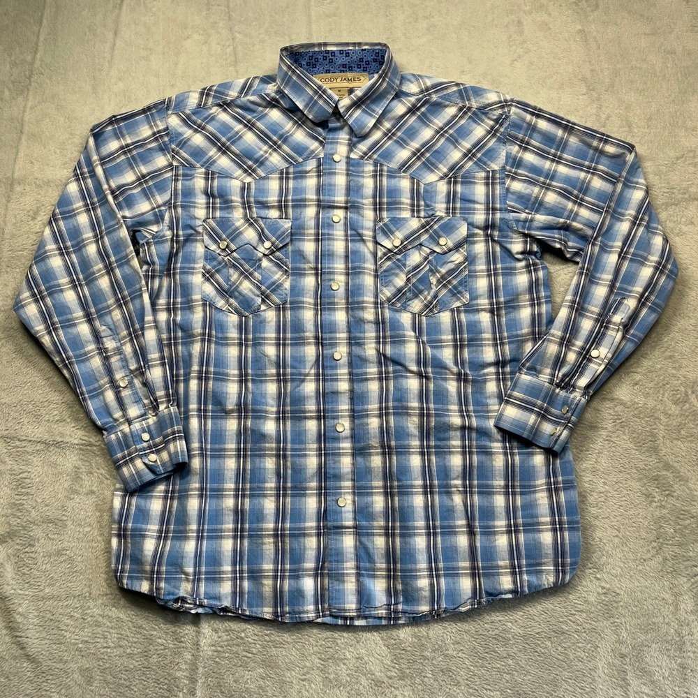 Cody James Western Shirt Mens Blue Plaid Pearl Snap Long Sleeve Cotton M